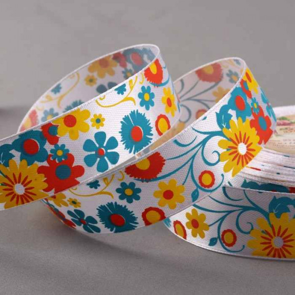 Лента атласная, Цветы 25 мм × 22 м. цвет белый