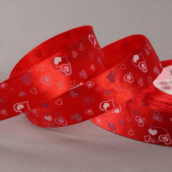 Лента атласная, Сердца 25 мм × 23 м, цвет красный